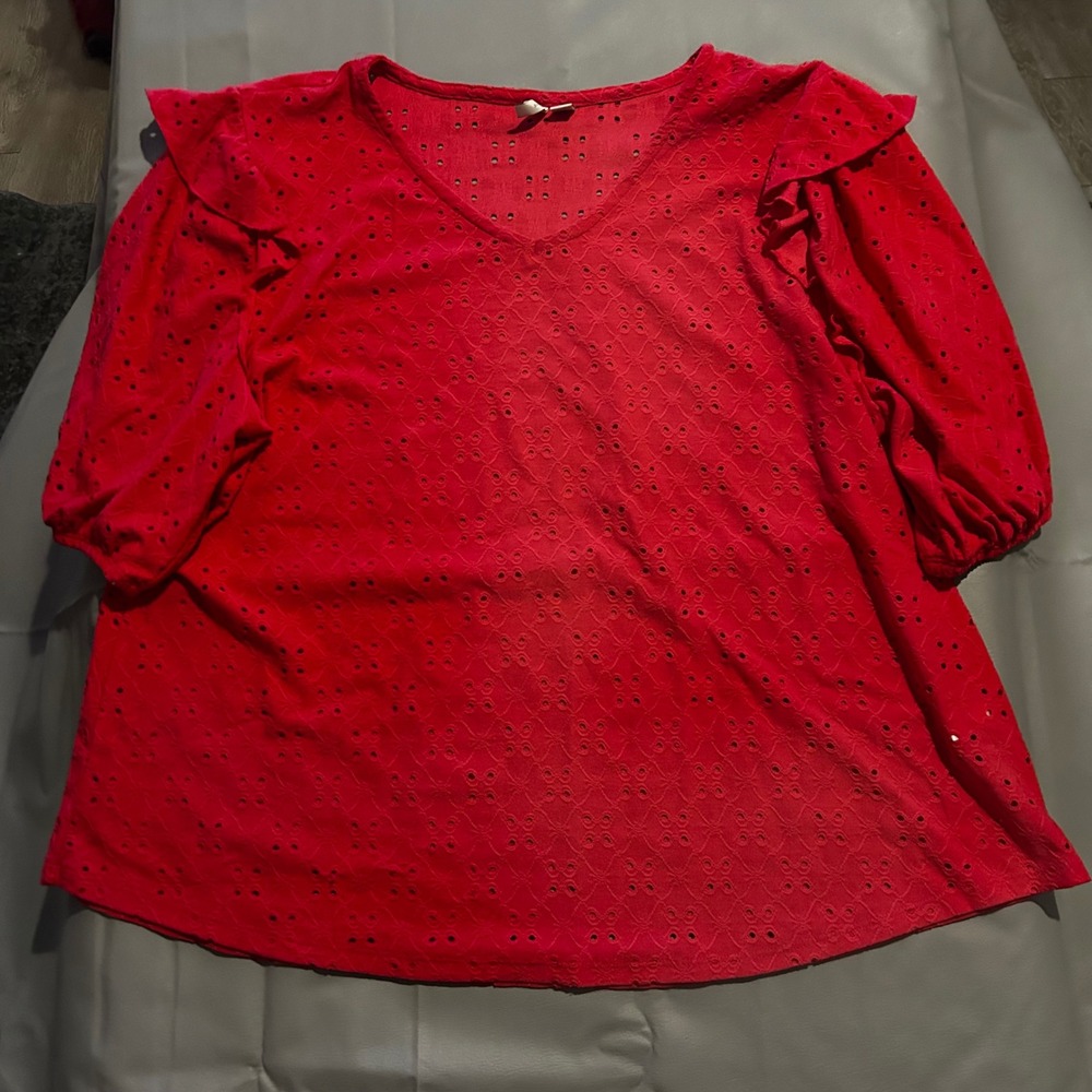 Cato Women XL Hot Pink Eyelet V-Neck Ruffle Blouse Top Romantic Boho Cottagecore